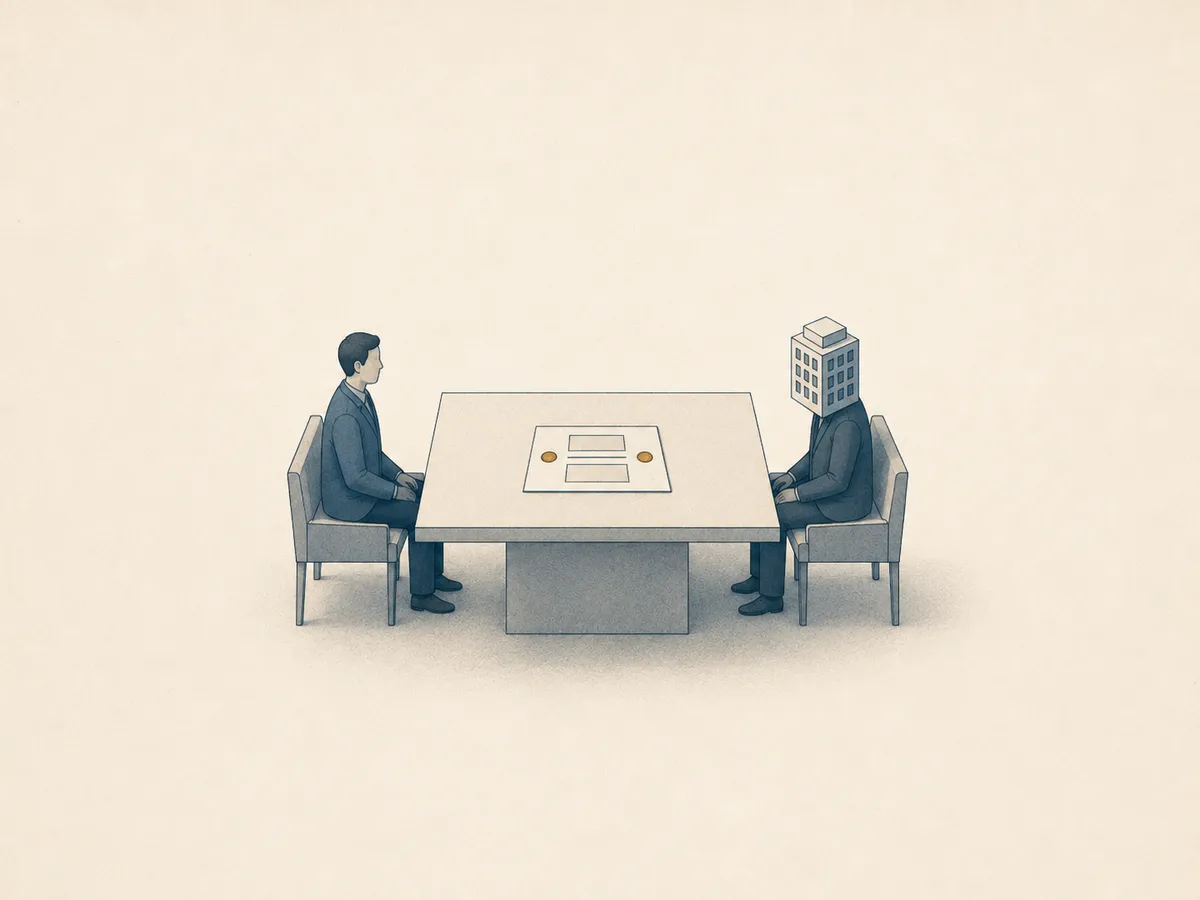専門家と依頼企業が同じ高さで向き合い、互いを評価し合う対等な関係を表す建築イラスト